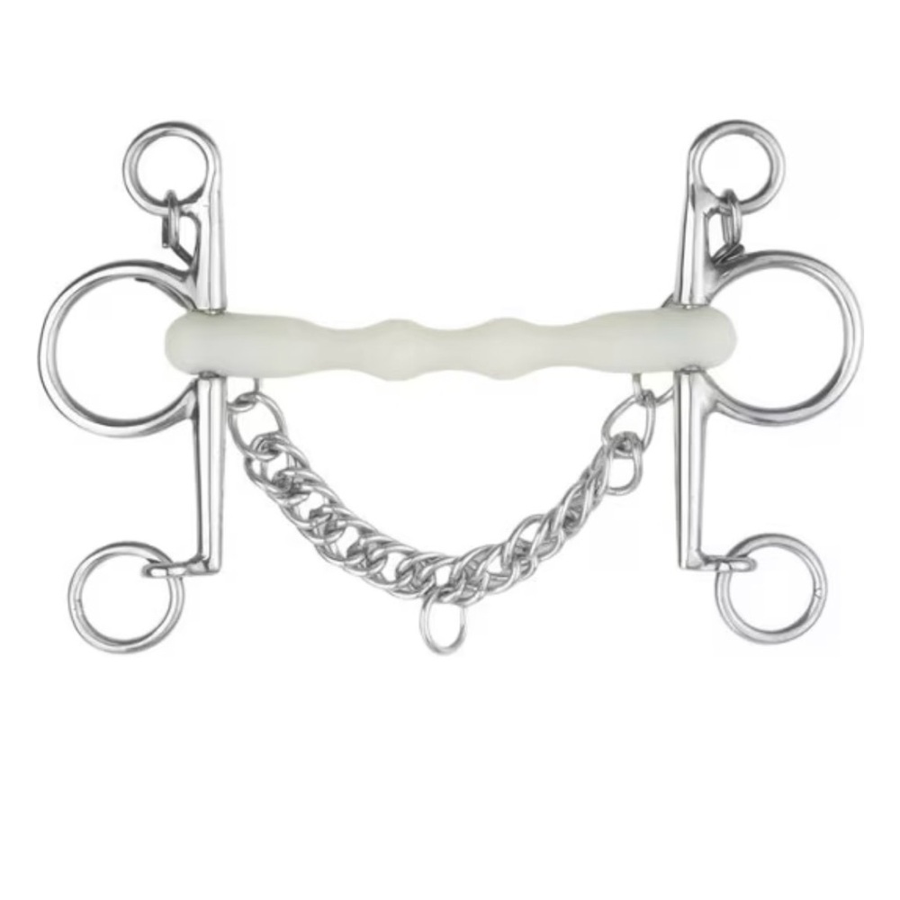 New With Tags 5.0 Inch Mullen Shaped Rubber Happy Mouth Pelham With Curb Chain.